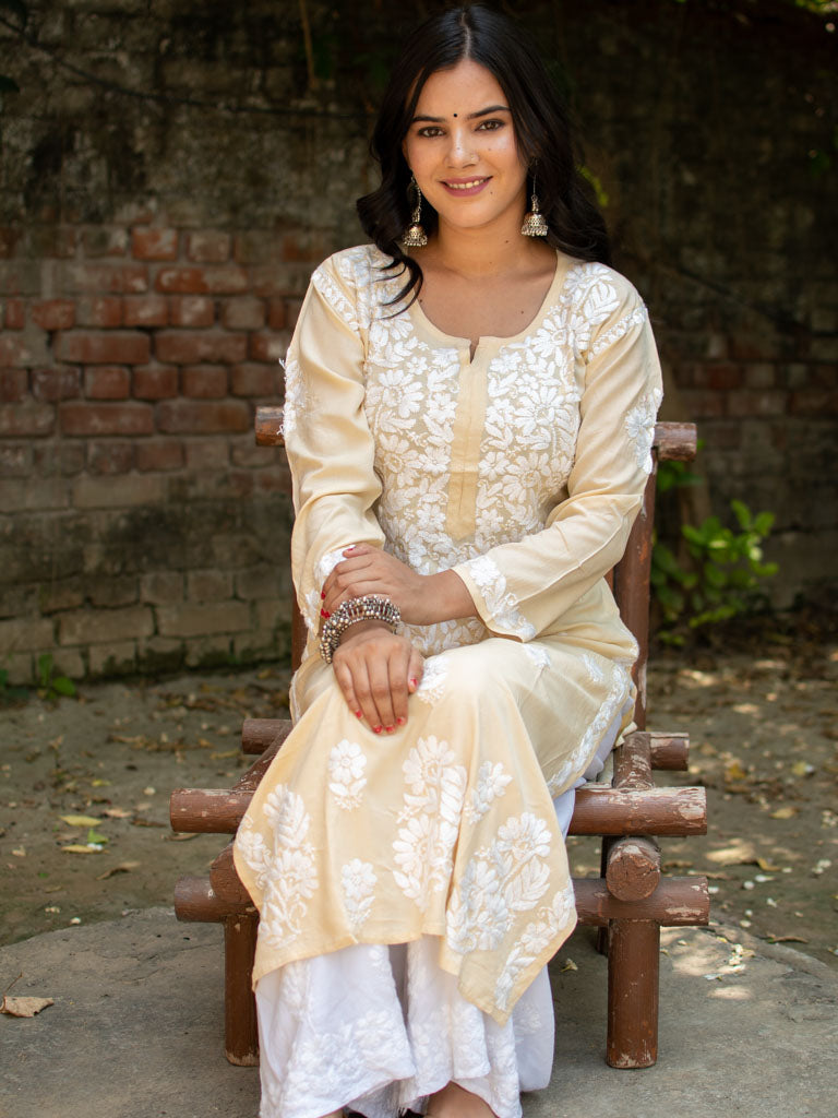 Readymade Chikankari Modal Kurti-Yellow