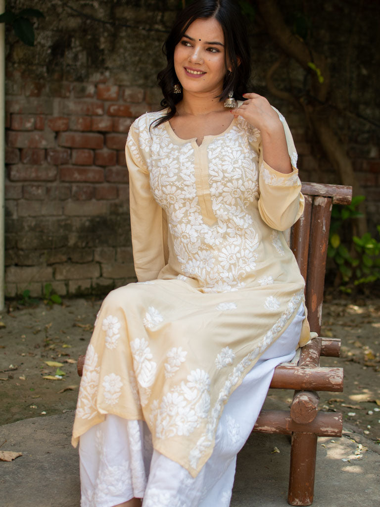 Readymade Chikankari Modal Kurti-Yellow