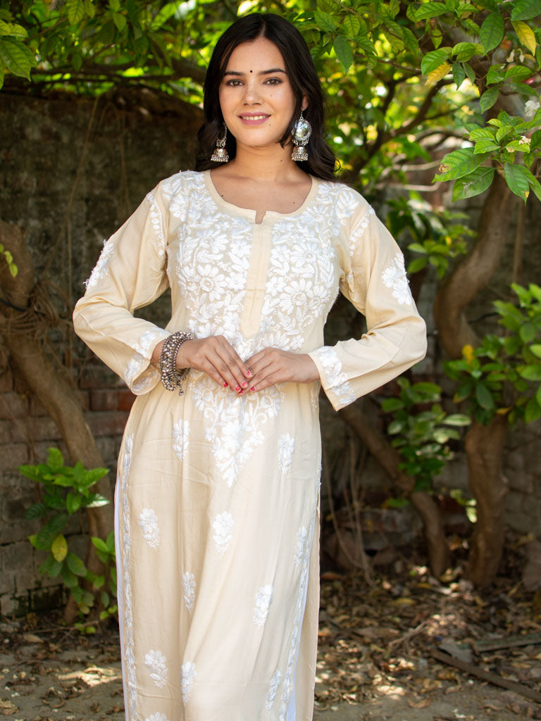 Readymade Chikankari Modal Kurti-Yellow