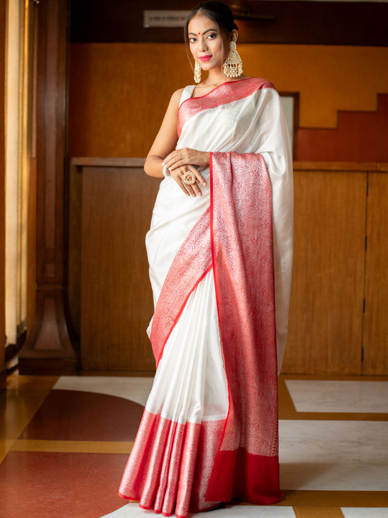 Banarasi Plain Semi Silk Saree with Contrast Skirt Border-White