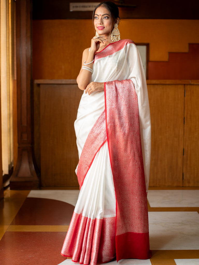 Banarasi Plain Semi Silk Saree with Contrast Skirt Border-White
