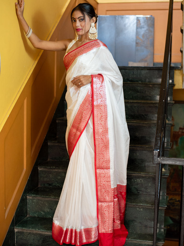Banarasi Plain Semi Silk Saree With Contrast Border-White