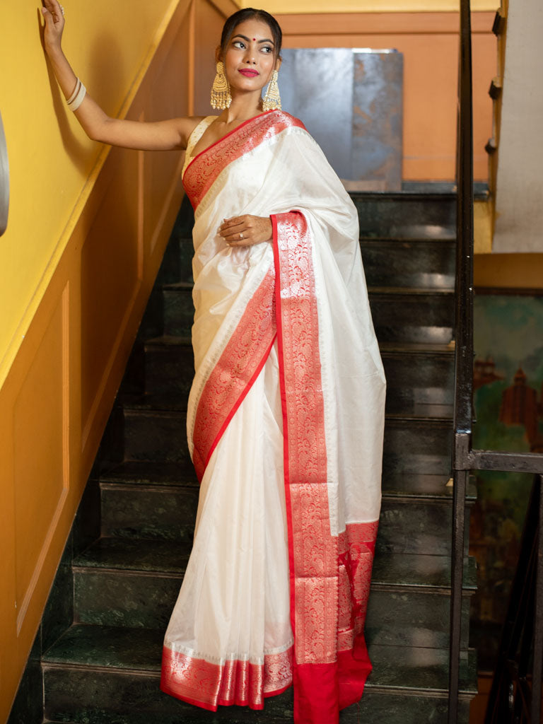 Banarasi Plain Semi Silk Saree With Contrast Border-White
