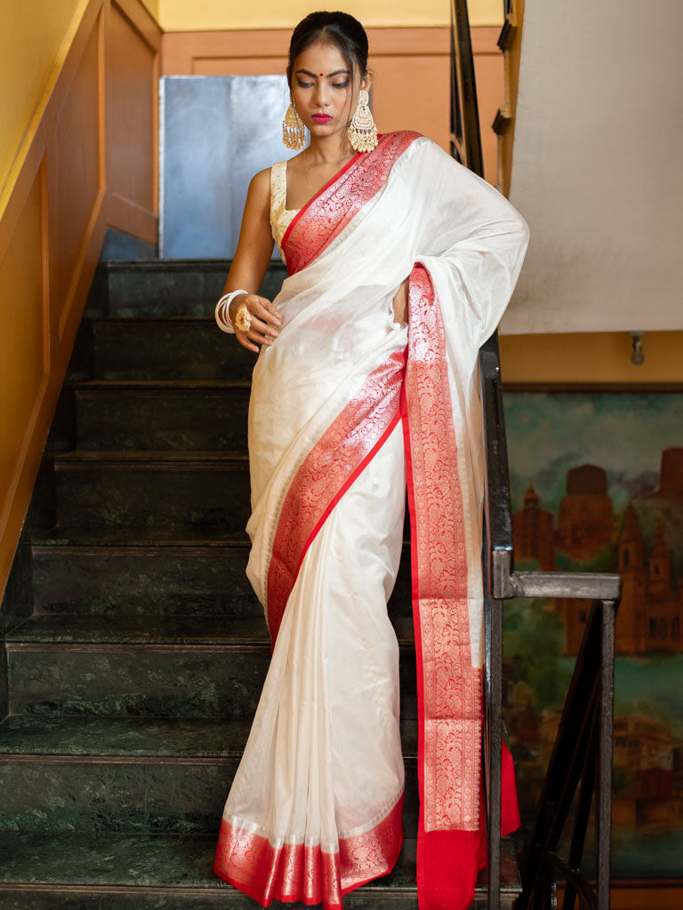 Banarasi Plain Semi Silk Saree With Contrast Border-White