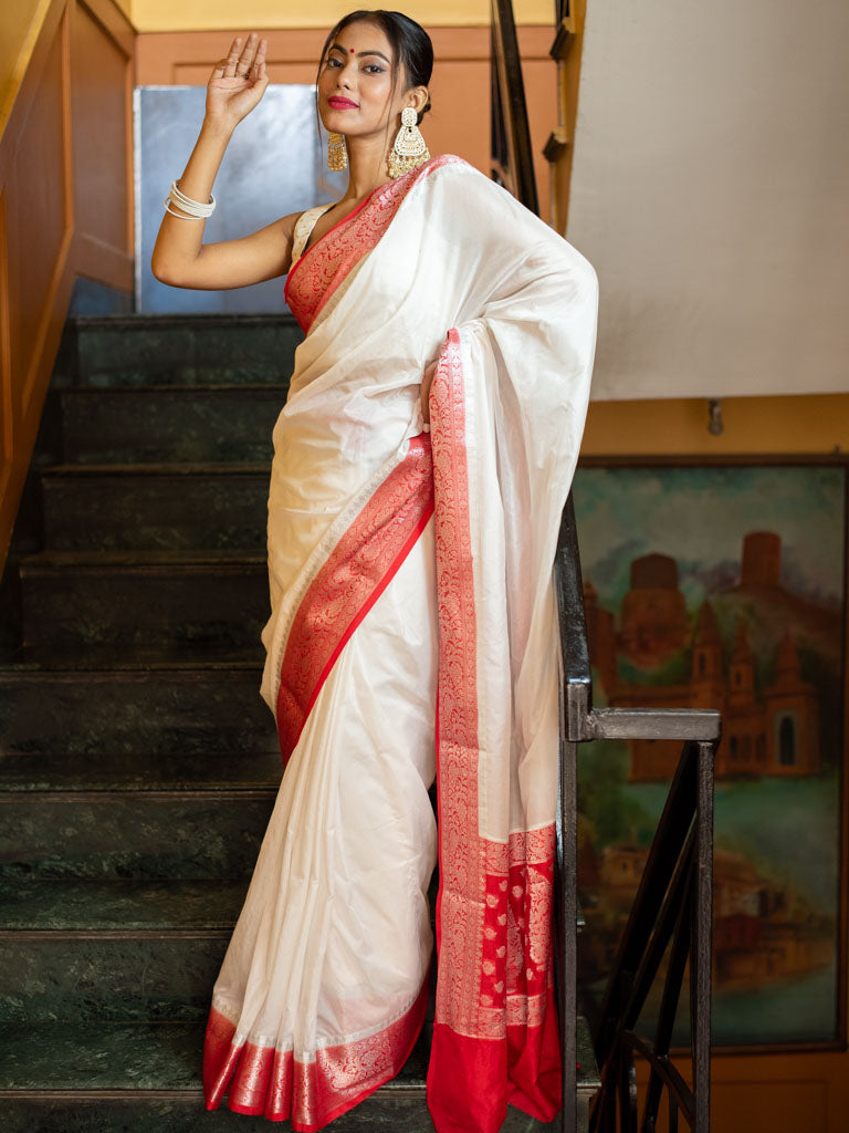 Banarasi Plain Semi Silk Saree With Contrast Border-White