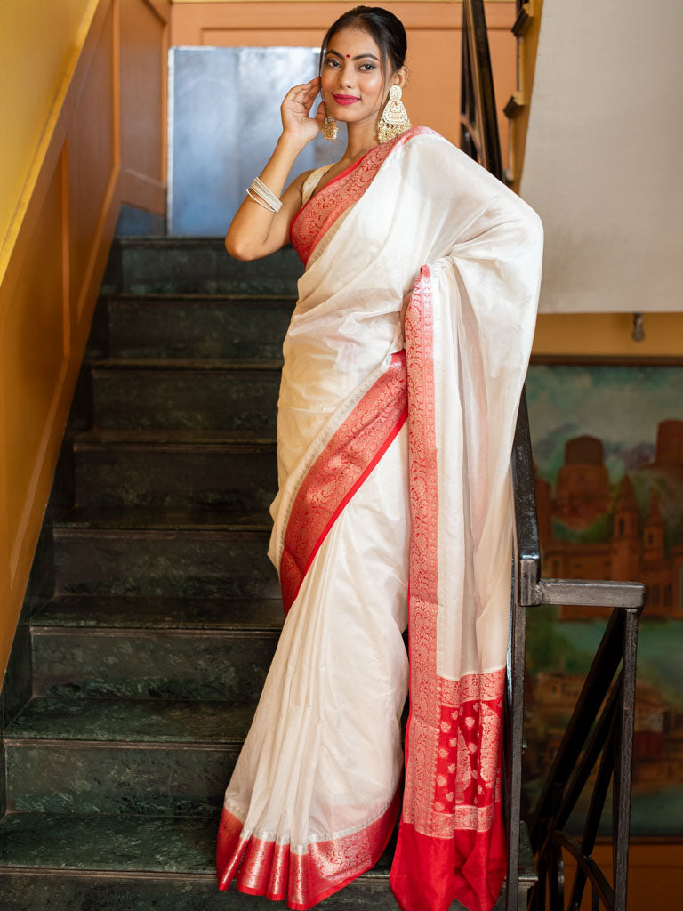 Banarasi Plain Semi Silk Saree With Contrast Border-White