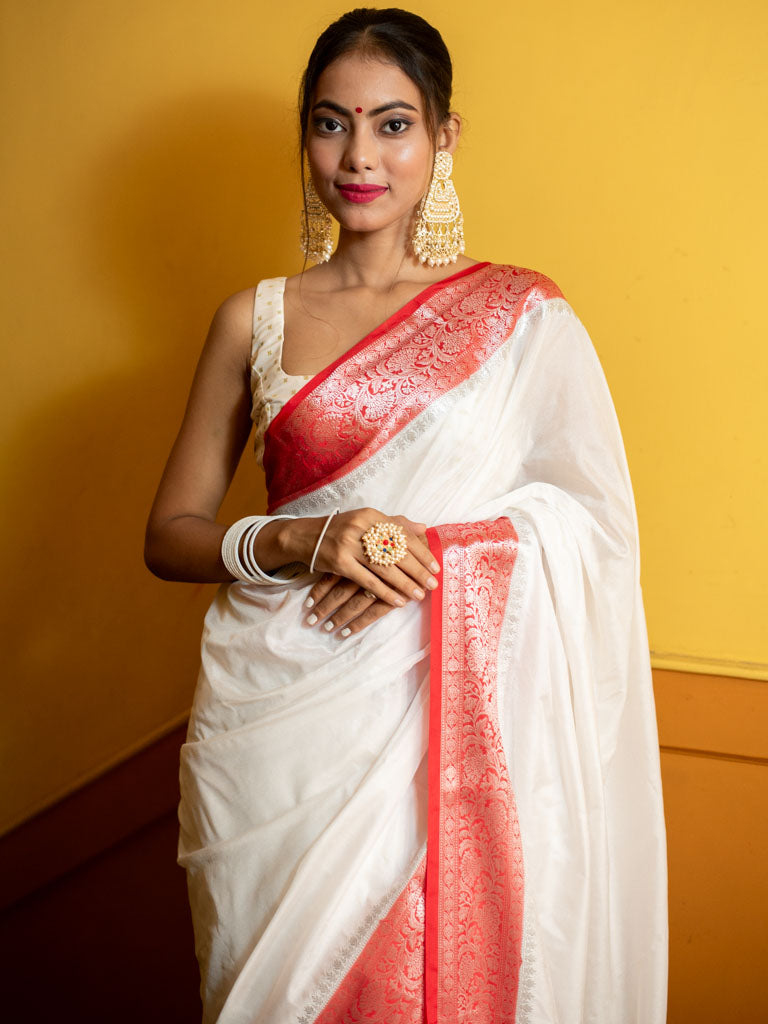 Banarasi Plain Semi Silk Saree With Contrast Border-White