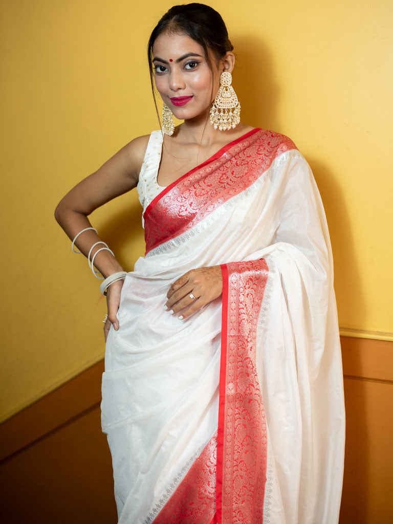 Banarasi Plain Semi Silk Saree With Contrast Border-White