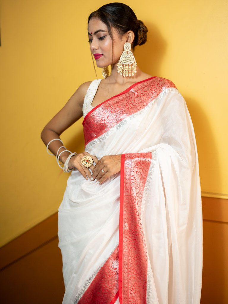 Banarasi Plain Semi Silk Saree With Contrast Border-White