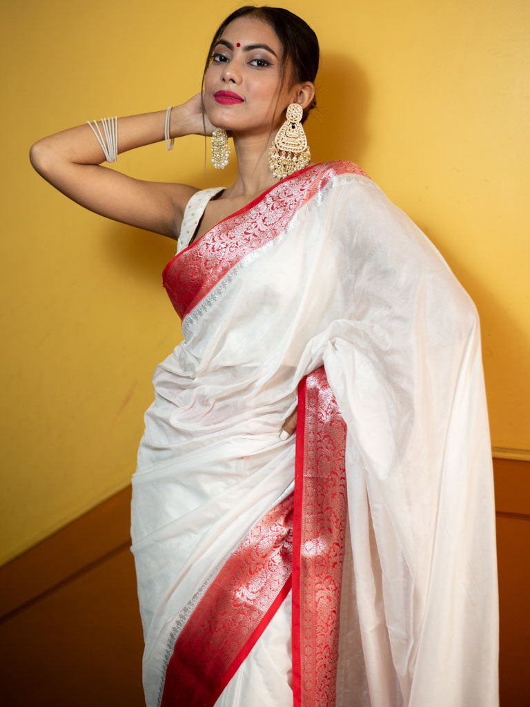 Banarasi Plain Semi Silk Saree With Contrast Border-White