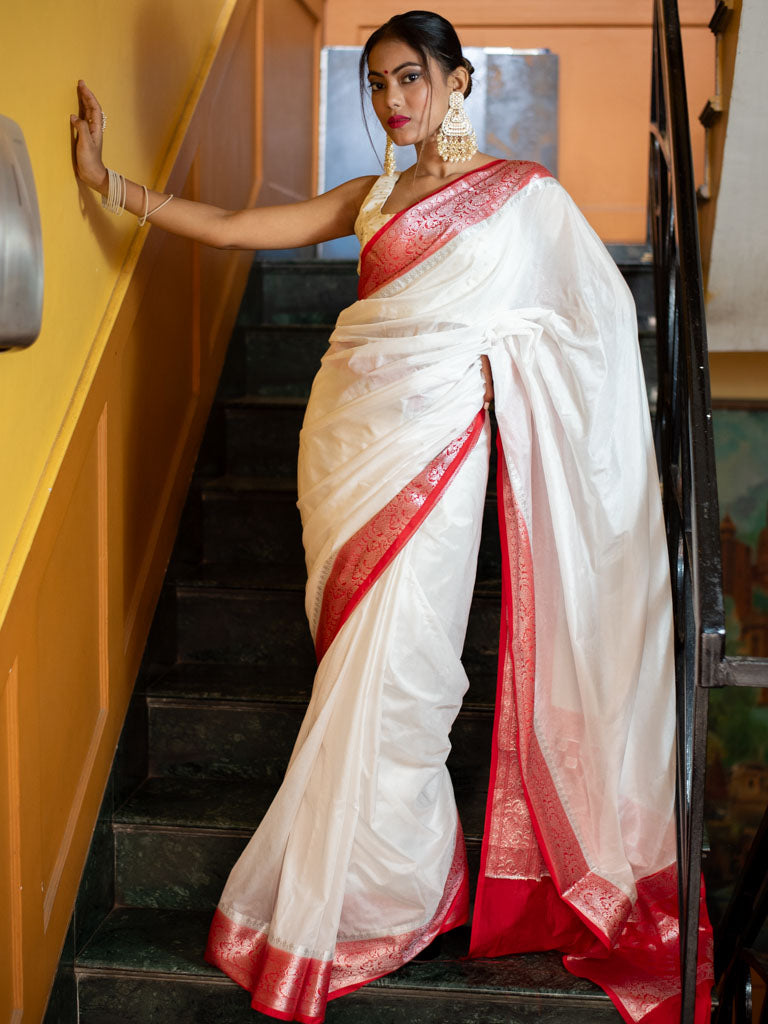 Banarasi Plain Semi Silk Saree With Contrast Border-White