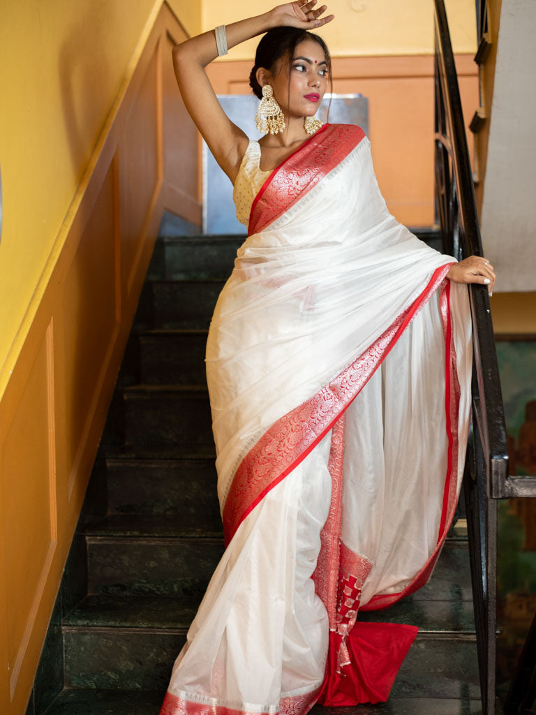 Banarasi Plain Semi Silk Saree With Contrast Border-White