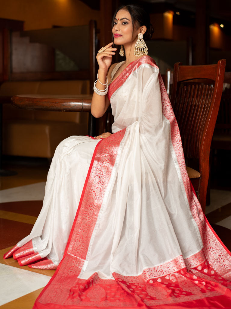 Banarasi Plain Semi Silk Saree With Contrast Border-White