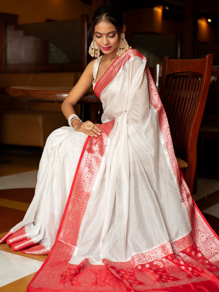 Banarasi Plain Semi Silk Saree With Contrast Border-White