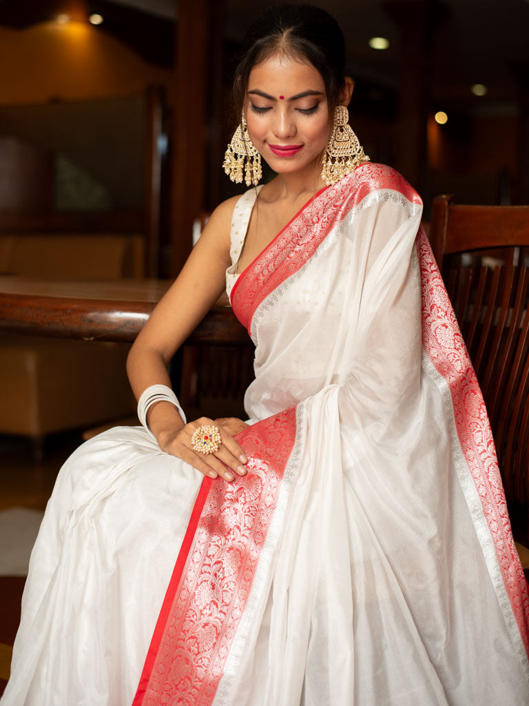 Banarasi Plain Semi Silk Saree With Contrast Border-White