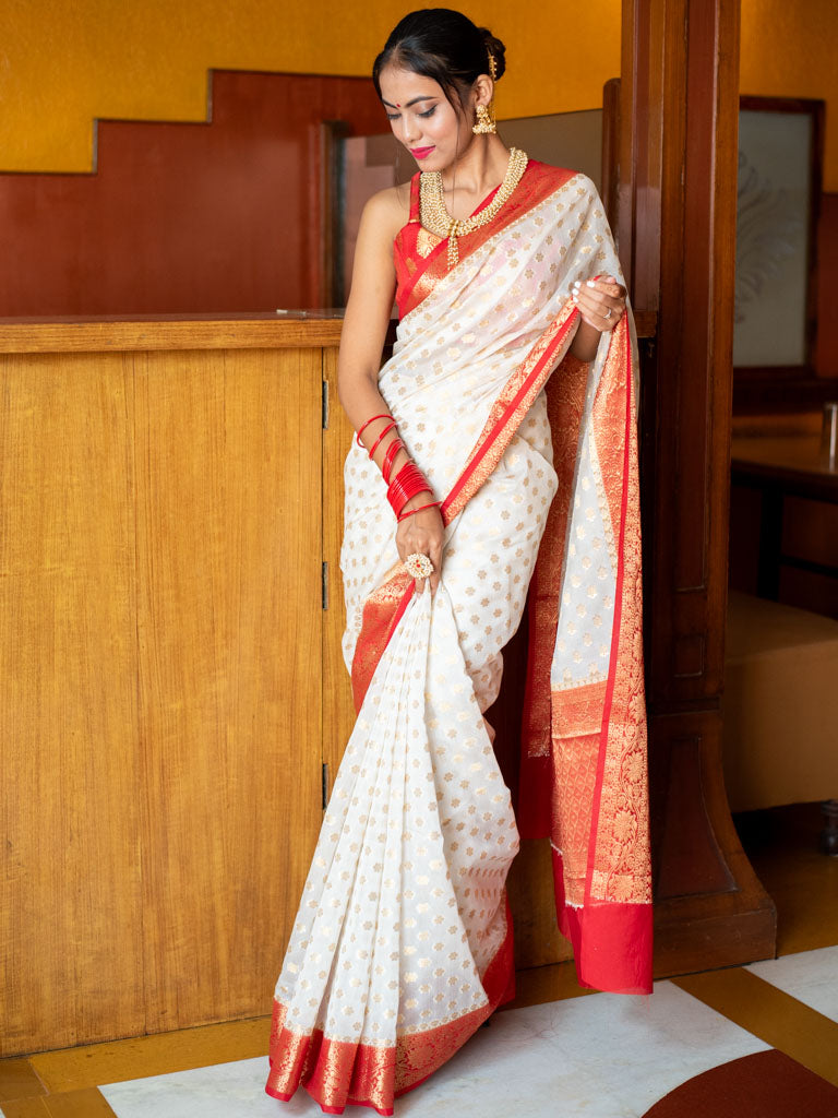 Banarasi Semi Georgette Saree With Zari Buti Weaving & Border-White & Red