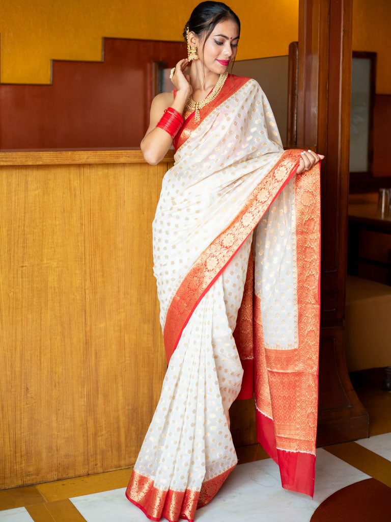 Banarasi Semi Georgette Saree With Zari Buti Weaving & Border-White & Red