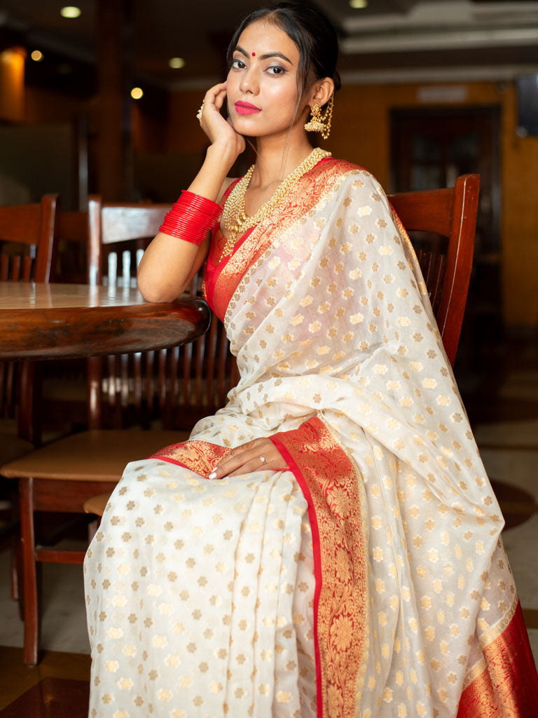 Banarasi Semi Georgette Saree With Zari Buti Weaving & Border-White & Red