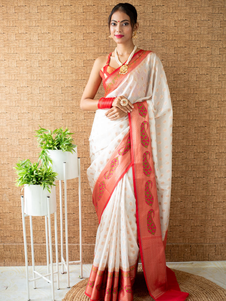 Banarasi Semi Georgette Saree With Zari Buti Weaving & Meenakari Border-White & Red