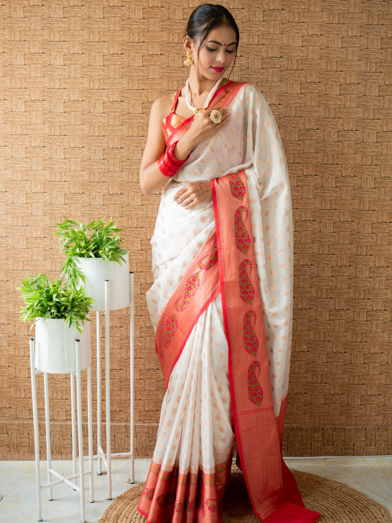 Banarasi Semi Georgette Saree With Zari Buti Weaving & Meenakari Border-White & Red