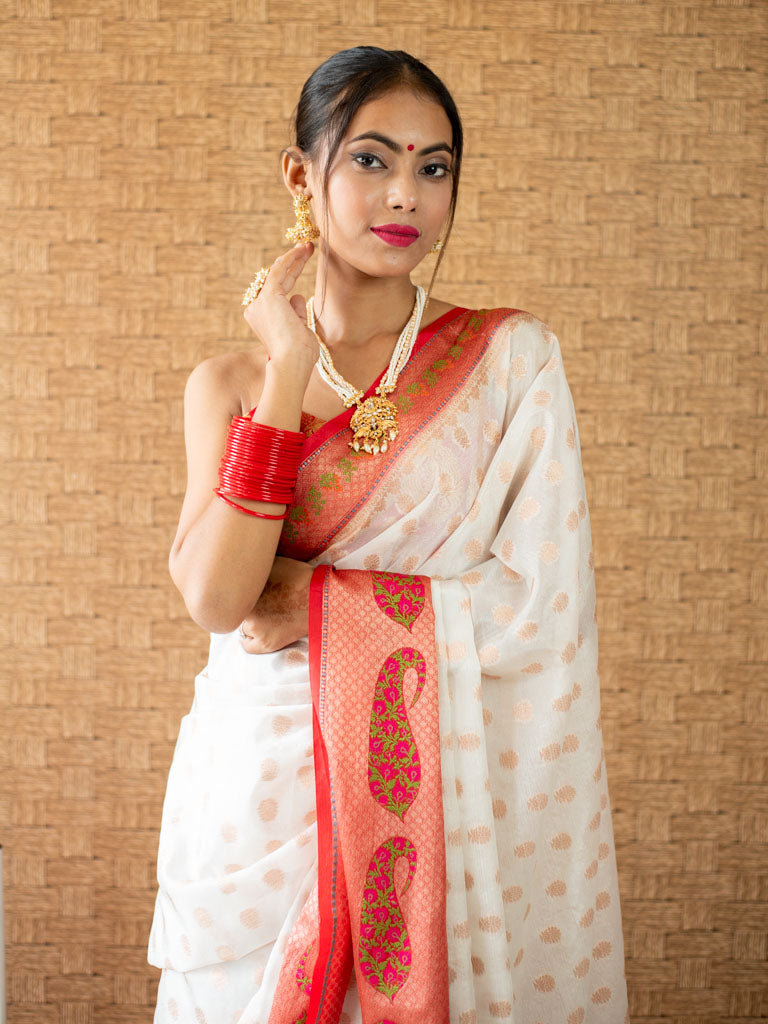 Banarasi Semi Georgette Saree With Zari Buti Weaving & Meenakari Border-White & Red