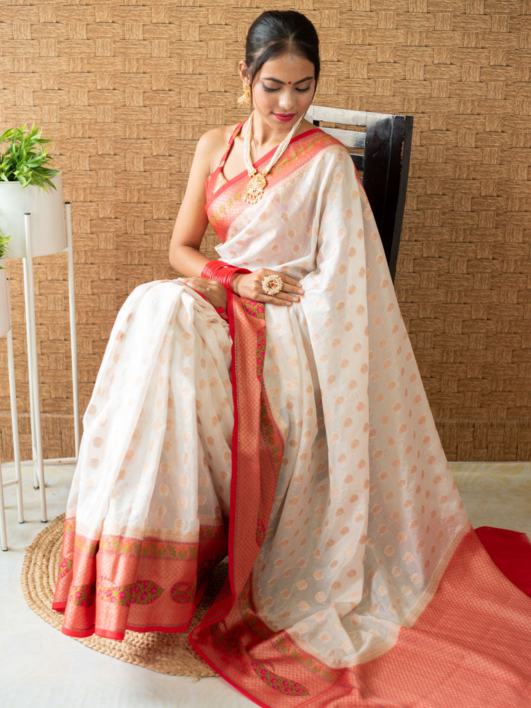 Banarasi Semi Georgette Saree With Zari Buti Weaving & Meenakari Border-White & Red