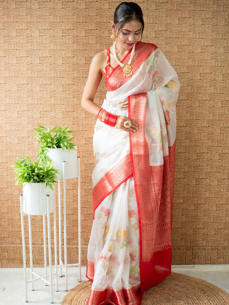Banarasi Cotton Silk Saree with Meena Floral Weaving& Contrast Border-Off White & Red