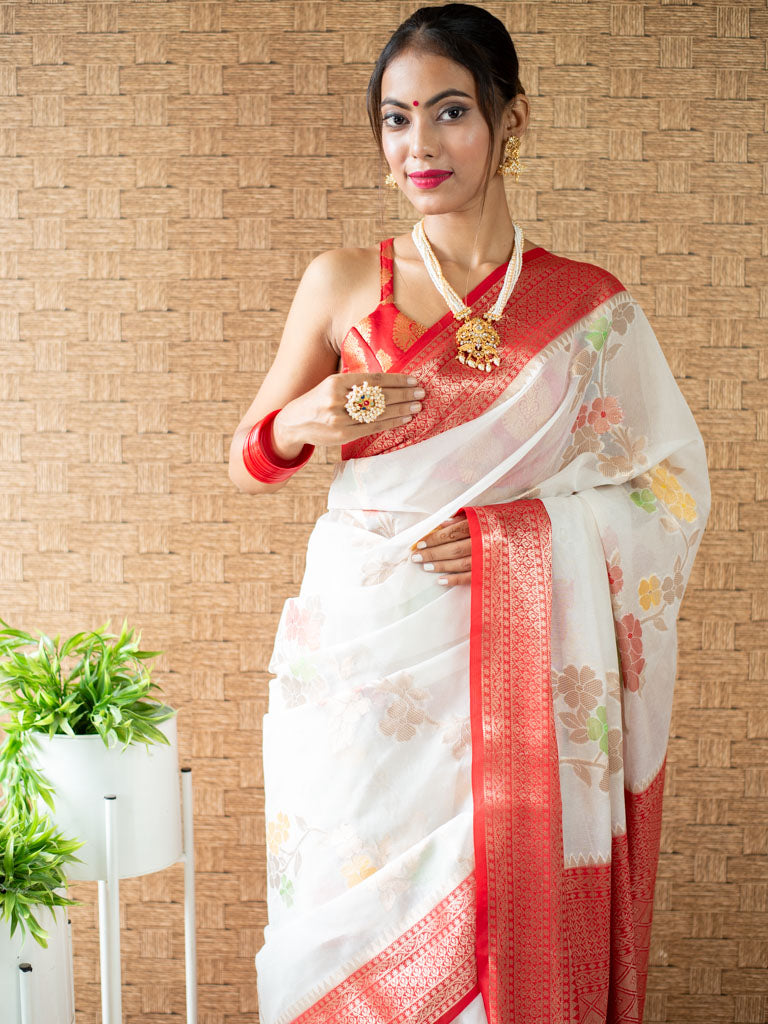 Banarasi Cotton Silk Saree with Meena Floral Weaving& Contrast Border-Off White & Red