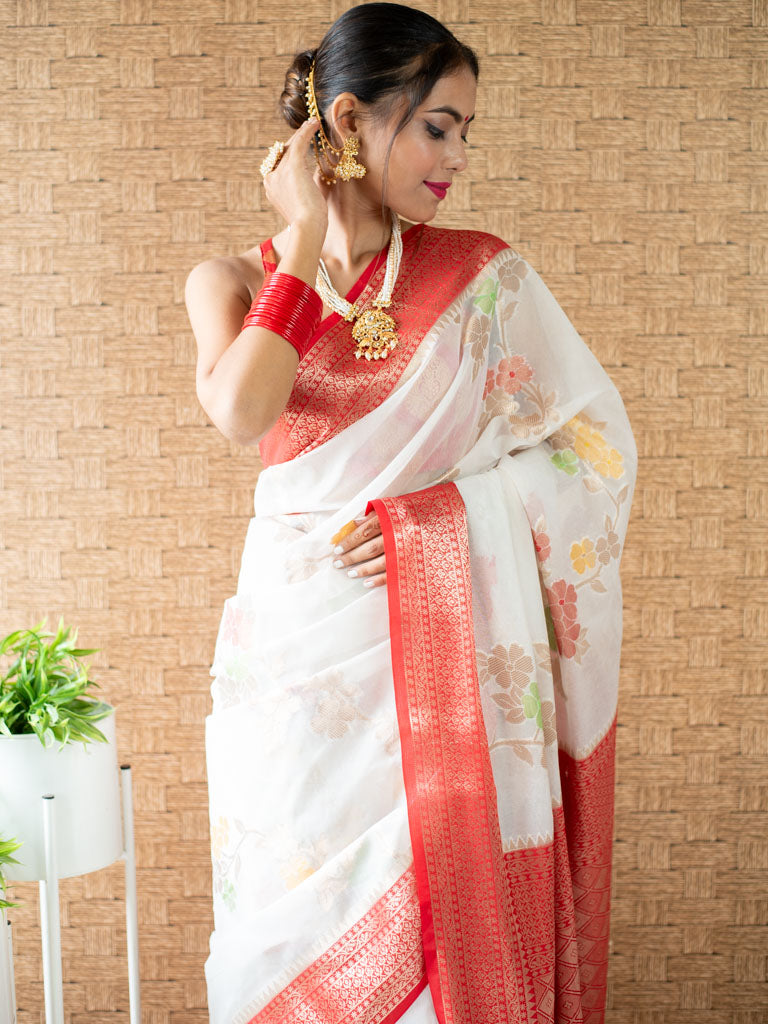 Banarasi Cotton Silk Saree with Meena Floral Weaving& Contrast Border-Off White & Red