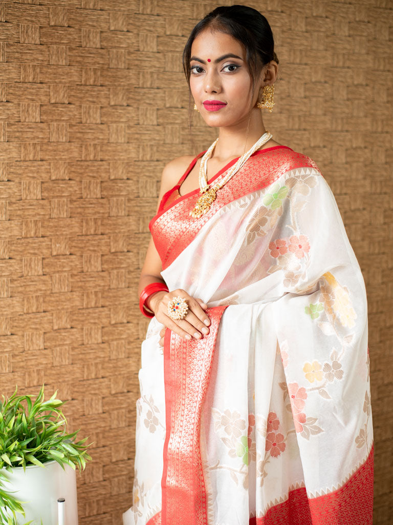 Banarasi Cotton Silk Saree with Meena Floral Weaving& Contrast Border-Off White & Red