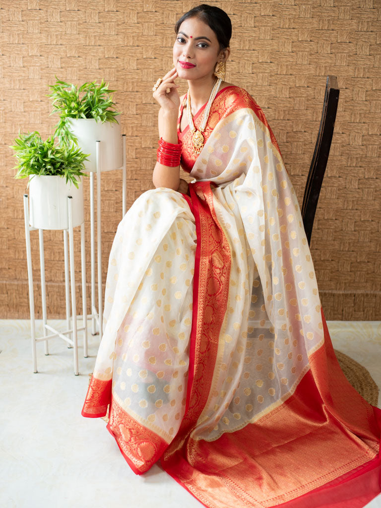 Banarasi Cotton Silk Saree with Mini Buti Weaving& Contrast Border-Off White & Red