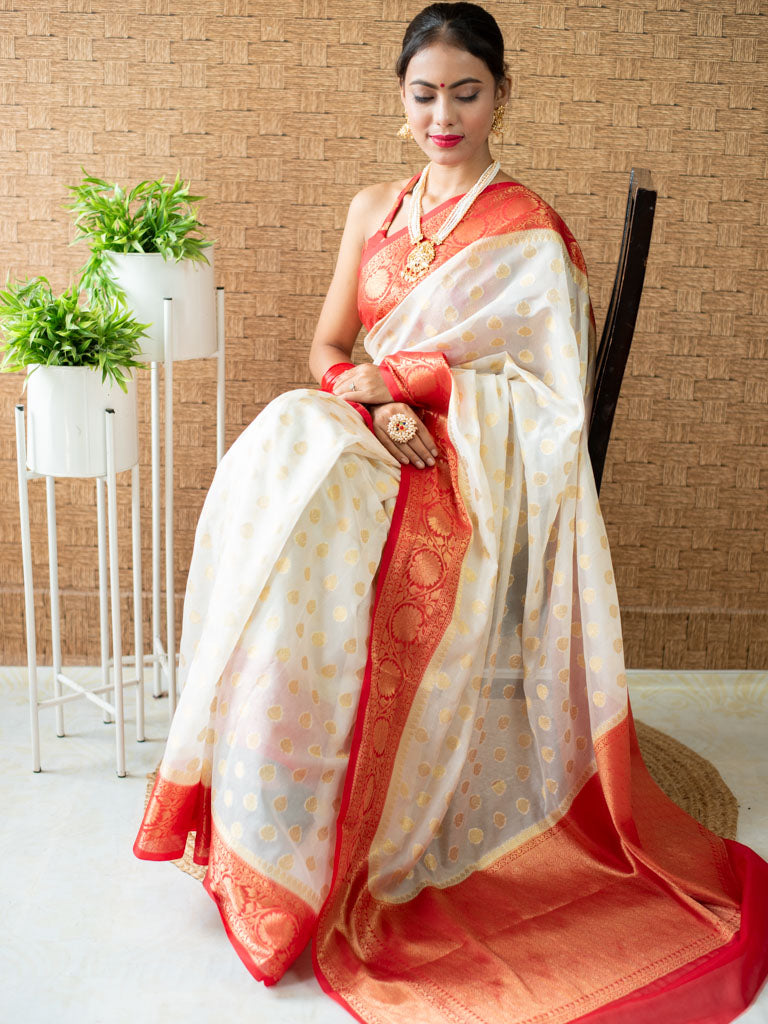 Banarasi Cotton Silk Saree with Mini Buti Weaving& Contrast Border-Off White & Red