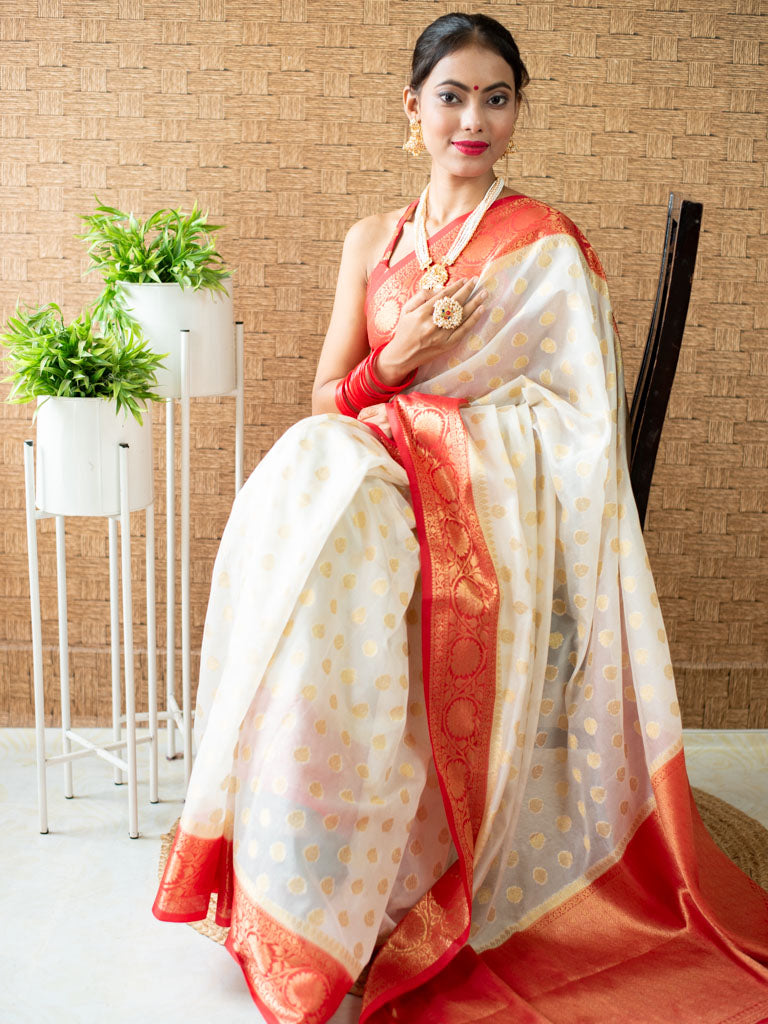 Banarasi Cotton Silk Saree with Mini Buti Weaving& Contrast Border-Off White & Red