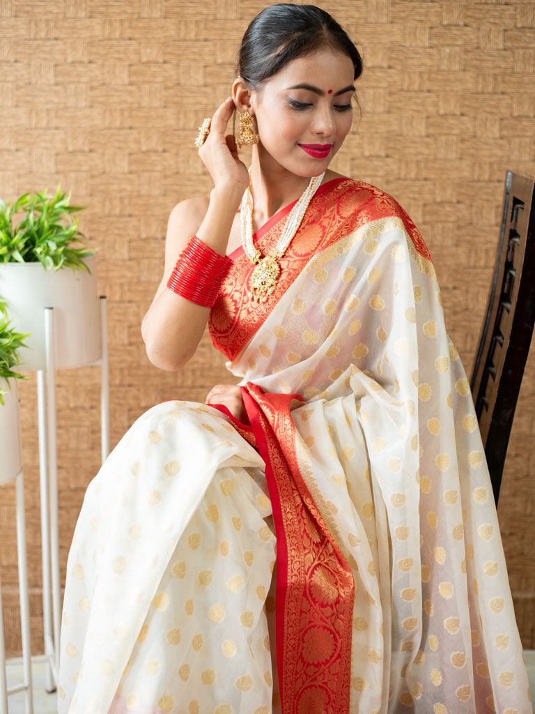 Banarasi Cotton Silk Saree with Mini Buti Weaving& Contrast Border-Off White & Red