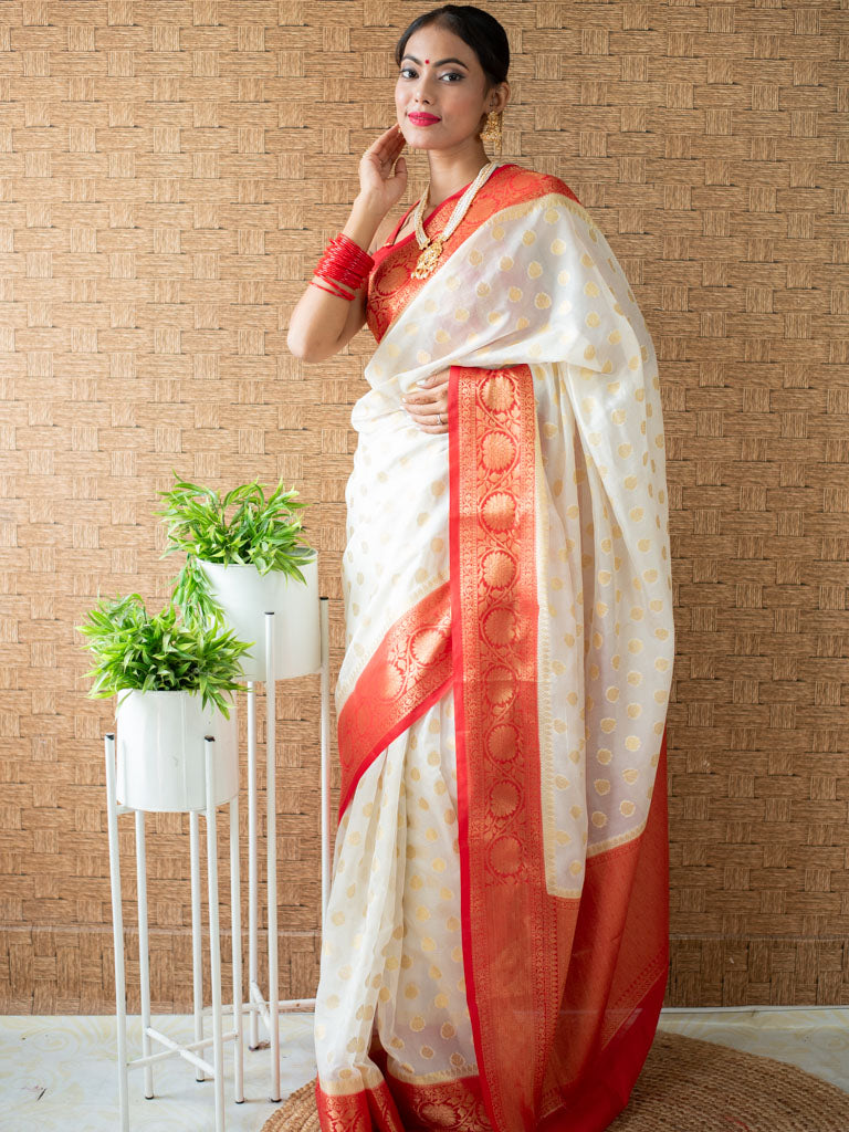 Banarasi Cotton Silk Saree with Mini Buti Weaving& Contrast Border-Off White & Red
