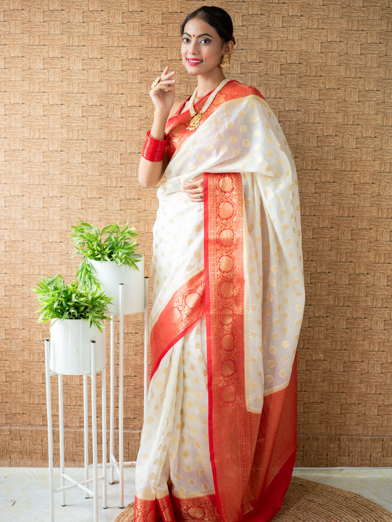 Banarasi Cotton Silk Saree with Mini Buti Weaving& Contrast Border-Off White & Red