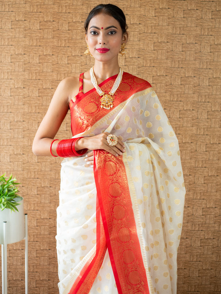 Banarasi Cotton Silk Saree with Mini Buti Weaving& Contrast Border-Off White & Red