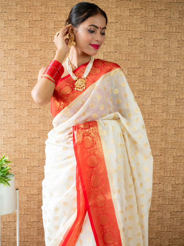 Banarasi Cotton Silk Saree with Mini Buti Weaving& Contrast Border-Off White & Red
