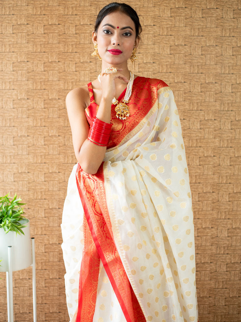 Banarasi Cotton Silk Saree with Mini Buti Weaving& Contrast Border-Off White & Red