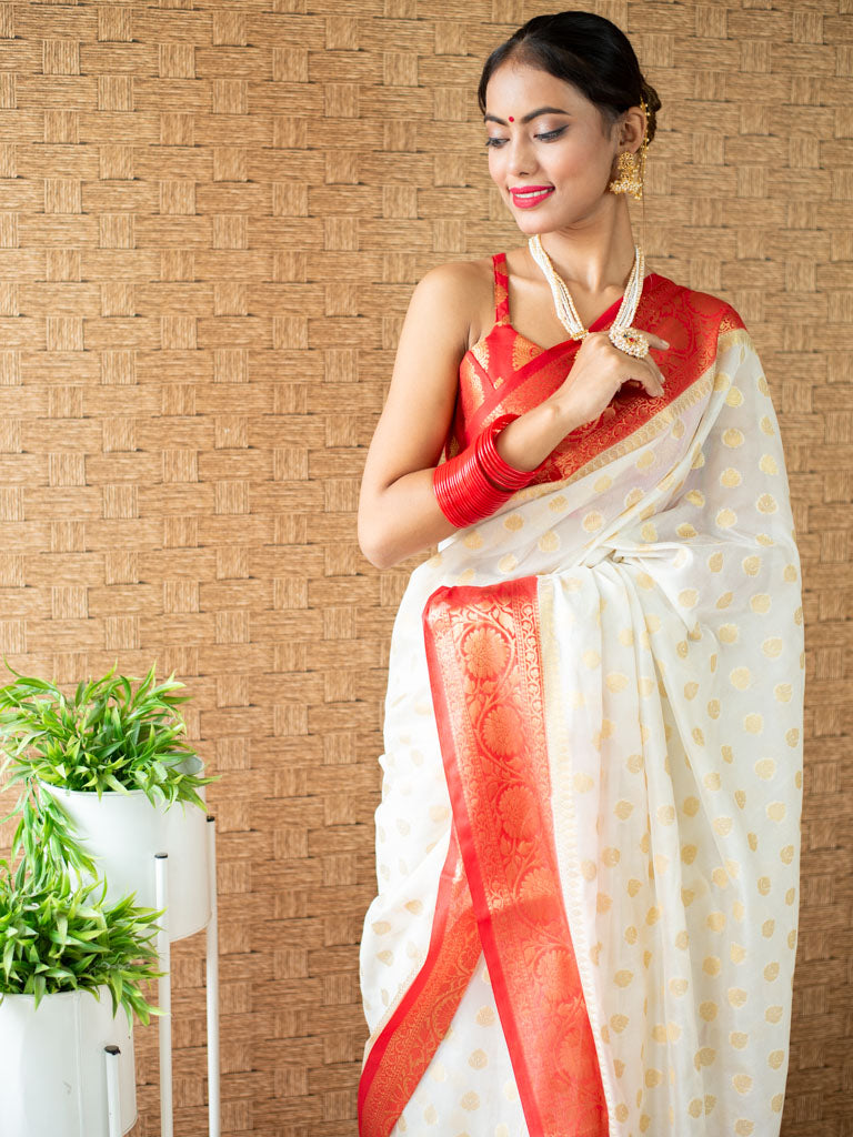 Banarasi Cotton Silk Saree with Mini Buti Weaving& Contrast Border-Off White & Red