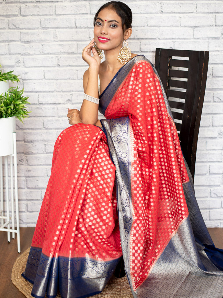 Banarasi Kora Saree With Zari Buti Weaving & Contrast Border-Red