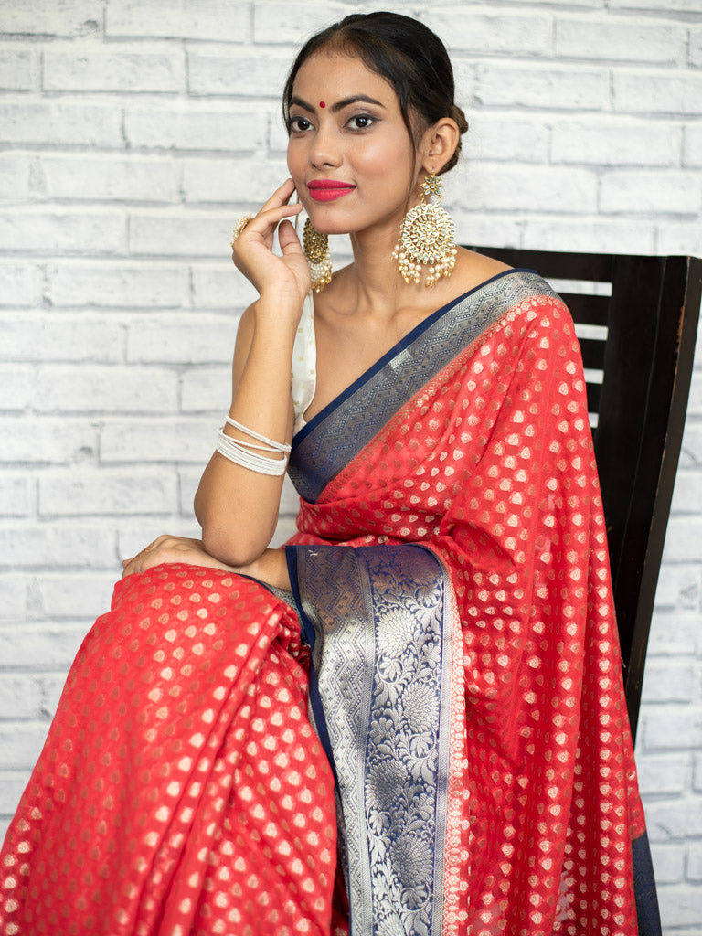 Banarasi Kora Saree With Zari Buti Weaving & Contrast Border-Red
