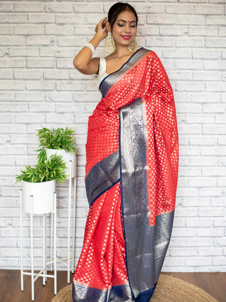 Banarasi Kora Saree With Zari Buti Weaving & Contrast Border-Red