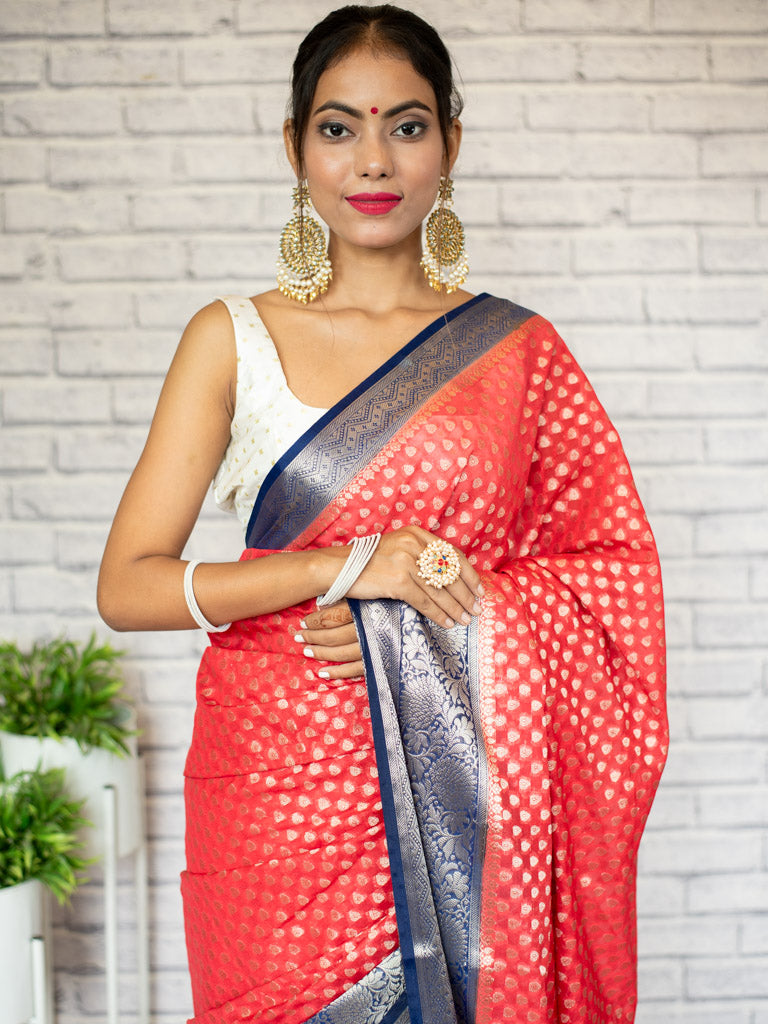 Banarasi Kora Saree With Zari Buti Weaving & Contrast Border-Red