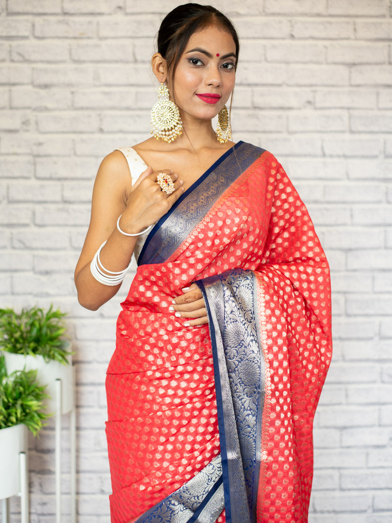 Banarasi Kora Saree With Zari Buti Weaving & Contrast Border-Red