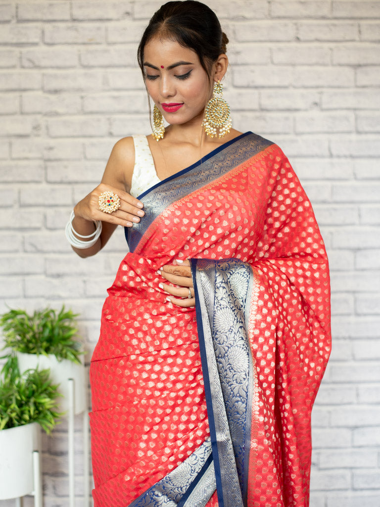 Banarasi Kora Saree With Zari Buti Weaving & Contrast Border-Red