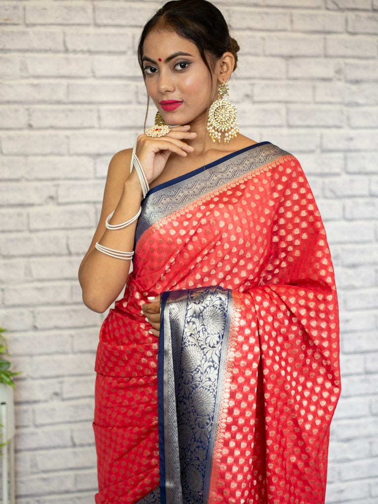 Banarasi Kora Saree With Zari Buti Weaving & Contrast Border-Red