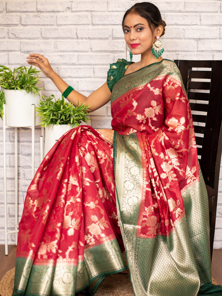 Banarasi Kora Saree With Zari Jaal Weaving & Contrast Border-Red