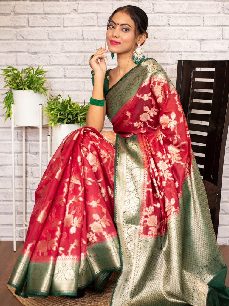 Banarasi Kora Saree With Zari Jaal Weaving & Contrast Border-Red