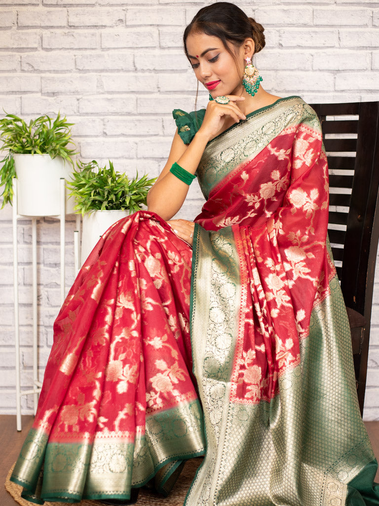 Banarasi Kora Saree With Zari Jaal Weaving & Contrast Border-Red